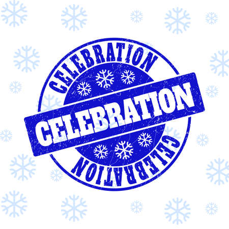 Celebration round stamp seal on winter background with snow. Blue vector rubber imprint with Celebration text with scratched texture for Xmas. Scratched text seal stamp with distress texture.のイラスト素材