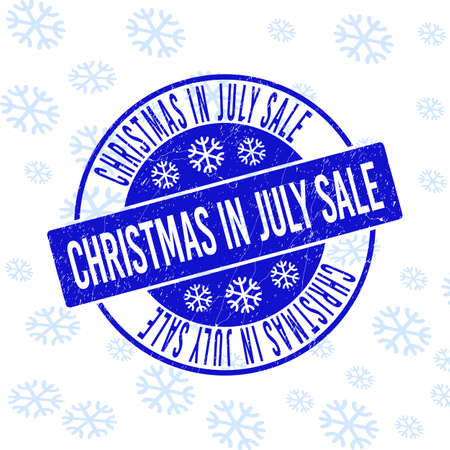 Christmas in July Sale round stamp seal on winter background with snowflakes. Blue vector rubber imprint with Christmas in July Sale text with scratched texture for Christmas.のイラスト素材