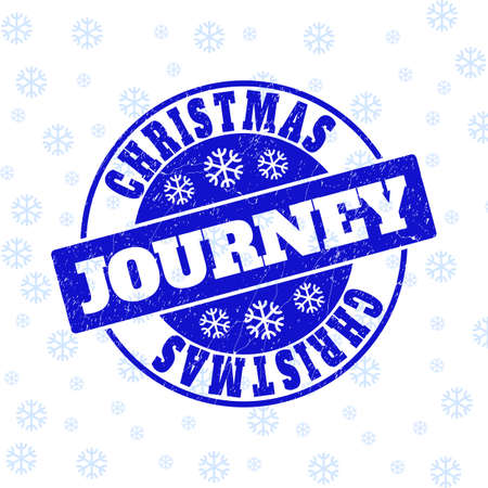 Christmas Journey round stamp seal on winter background with snow. Blue vector rubber imprint with Christmas Journey text with scratched texture for Christmas.のイラスト素材