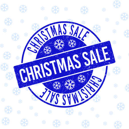 Christmas Sale round stamp seal on winter background with snow. Blue vector rubber imprint with Christmas Sale text with dirty texture for Xmas. Grunge title seal stamp with grunge texture.のイラスト素材