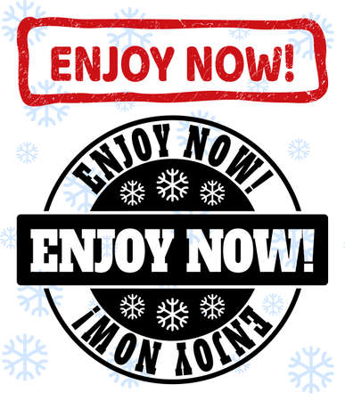 Enjoy Now! stamp seals on winter background with snow in clean and draft versions for Christmas. Red vector rubber imprint with Enjoy Now! text with unclean texture in crooked rectangle shape.のイラスト素材