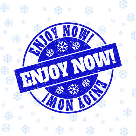 Enjoy Now! round stamp seal on winter background with snow. Blue vector rubber imprint with Enjoy Now! text with scratched texture for Xmas. Scratched text seal stamp with distress effect.のイラスト素材