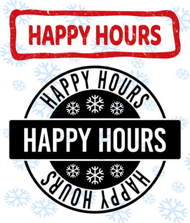 Happy Hours stamp seals on winter background with snowflakes in clean and draft versions for Xmas. Red vector rubber imprint with Happy Hours text with scratched texture in uneven rectangle shape.のイラスト素材