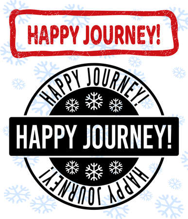 Happy Journey! stamp seals on winter background with snow in clean and draft versions for Xmas. Red vector rubber imprint with Happy Journey! text with unclean texture in clumsy rectangle shape.のイラスト素材