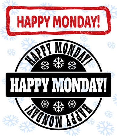 Happy Monday! stamp seals on winter background with snow in clean and draft versions for Xmas. Red vector rubber imprint with Happy Monday! text with unclean texture in draft rectangle shape.のイラスト素材