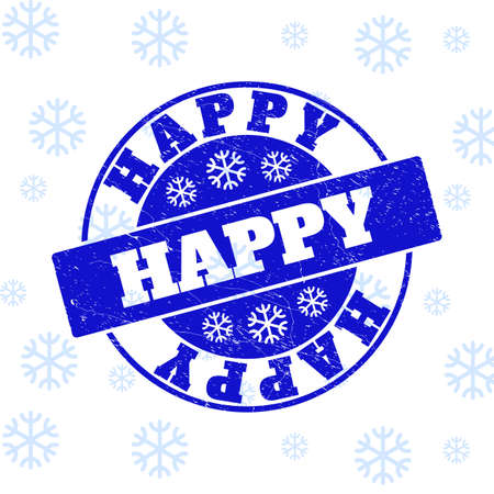 Happy round stamp seal on winter background with snowflakes. Blue vector rubber imprint with Happy text with scratched texture for New Year. Scratched text seal imprint with grunge style.のイラスト素材