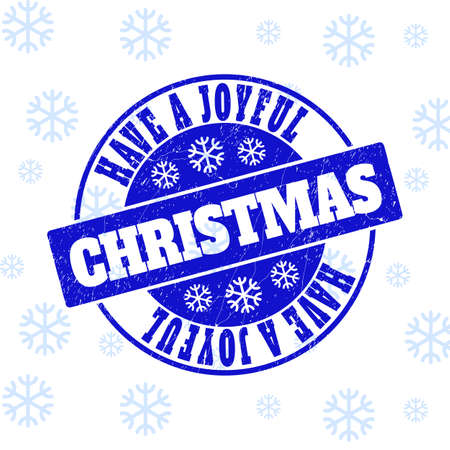 Have a Joyful Christmas round stamp seal on winter background with snowflakes. Blue vector rubber imprint with Have a Joyful Christmas text with unclean texture for Xmas.のイラスト素材