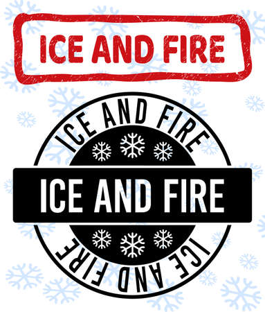 Ice and Fire stamp seals on winter background with snowflakes in clean and draft versions for Xmas. Red vector rubber imprint with Ice and Fire text with dirty texture in draft rectangle shape.のイラスト素材