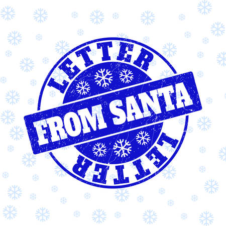 Letter from Santa round stamp seal on winter background with snow. Blue vector rubber imprint with Letter from Santa text with unclean texture for Christmas. Grunge tag seal stamp with grunge effect.のイラスト素材