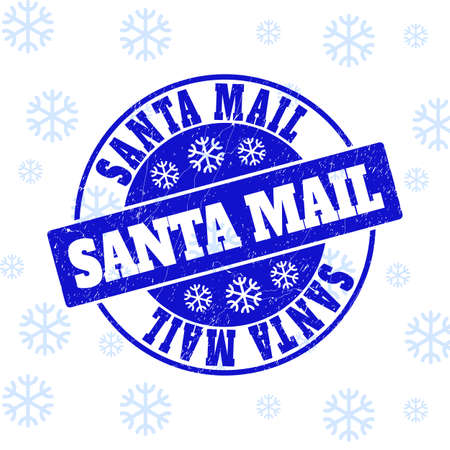 Santa Mail round stamp seal on winter background with snow. Blue vector rubber imprint with Santa Mail text with scratched texture for Xmas. Grunge label seal imprint with grunge texture.のイラスト素材