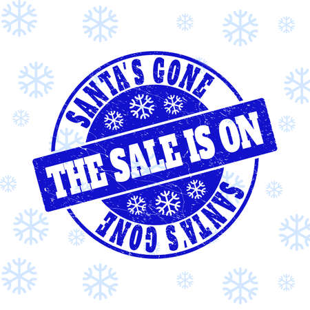 Santa'S Gone the Sale Is On round stamp seal on winter background with snowflakes. Blue vector rubber imprint with Santa'S Gone the Sale Is On text with unclean texture for New Year.のイラスト素材