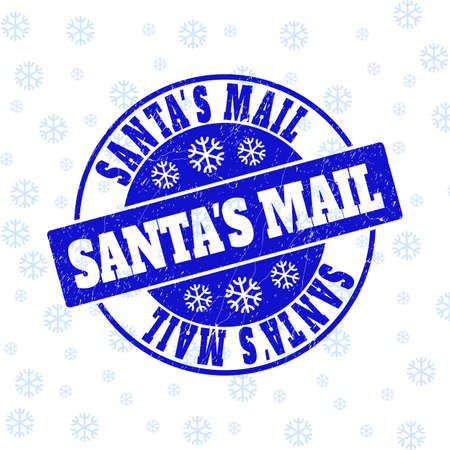 Santa'S Mail round stamp seal on winter background with snow. Blue vector rubber imprint with Santa'S Mail text with dirty texture for Christmas. Grunge text seal stamp with corroded texture.のイラスト素材