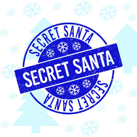 Secret Santa round stamp seal on winter background with snowflakes. Blue vector rubber imprint with Secret Santa text with dust texture for Xmas. Grunge title seal imprint with grunge texture.のイラスト素材