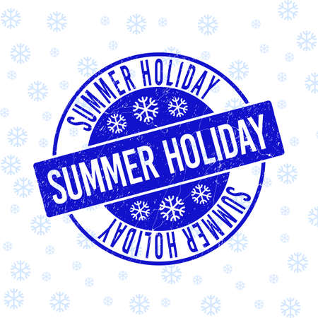 Summer Holiday round stamp seal on winter background with snowflakes. Blue vector rubber imprint with Summer Holiday text with scratched texture for New Year.のイラスト素材