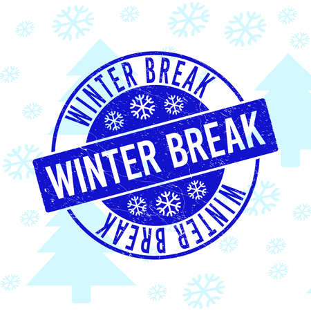 Winter Break round stamp seal on winter background with snowflakes. Blue vector rubber imprint with Winter Break text with scratched texture for Christmas. Grunge title seal imprint with grunge style.のイラスト素材