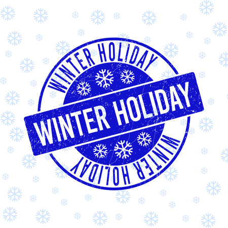 Winter Holiday round stamp seal on winter background with snowflakes. Blue vector rubber imprint with Winter Holiday text with scratched texture for Christmas.のイラスト素材