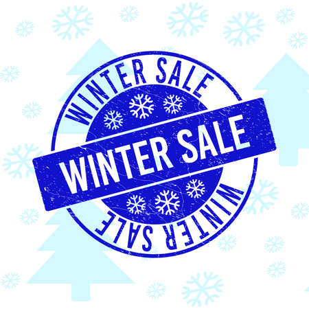 Winter Sale round stamp seal on winter background with snowflakes. Blue vector rubber imprint with Winter Sale text with scratched texture for Christmas. Scratched text seal stamp with corroded style.のイラスト素材