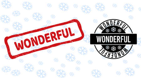 Wonderful stamp seals on winter background with snow in clean and draft versions for Christmas. Red vector rubber imprint with Wonderful text with dust texture in draft rectangle shape.のイラスト素材
