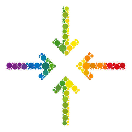 Reduce arrows mosaic icon of round items in variable sizes and spectrum colored color tones. A...