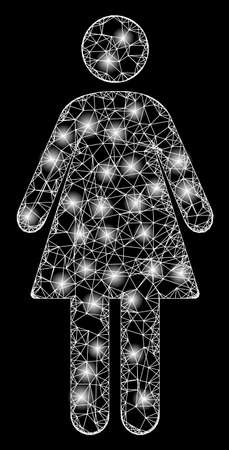 Shiny web mesh woman with lightspots. Illuminated vector 2d constellation created from woman icon. Sparkle frame mesh polygonal woman. Linear frame 2D mesh in eps10 vector format, white lines,のイラスト素材