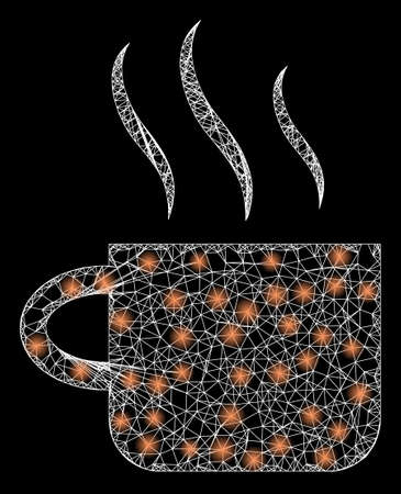Glare web mesh hot tea cup with lightspots. Illuminated vector 2d constellation created from hot tea cup icon. Sparkle frame mesh polygonal hot tea cup. Linear frame 2D network in eps10 vector format,のイラスト素材