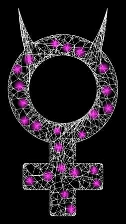 Bright web net devil female symbol with lightspots. Illuminated vector 2d model created from devil female symbol icon. Sparkle frame mesh polygonal devil female symbol.のイラスト素材
