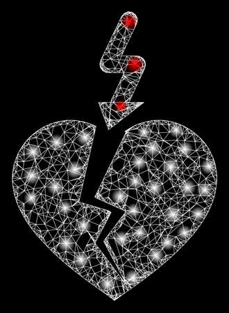 Glowing web net break heart with lightspots. Illuminated vector 2d constellation created from break heart icon. Sparkle frame mesh polygonal break heart. Wire frame 2D mesh in eps10 vector format,のイラスト素材