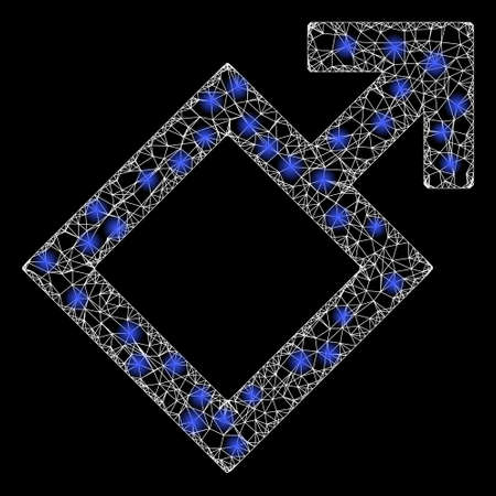 Glowing web network male symbol with lightspots. Illuminated vector 2d model created from male symbol icon. Sparkle frame mesh polygonal male symbol. Linear frame 2D meshのイラスト素材