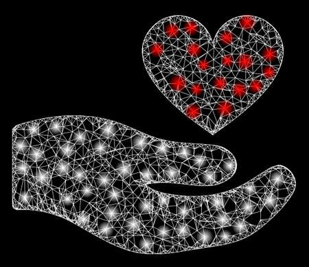 Bright web network palm offer love heart with glowing spots. Illuminated vector 2d constellation created from palm offer love heart icon. Sparkle carcass mesh polygonal palm offer love heart.のイラスト素材