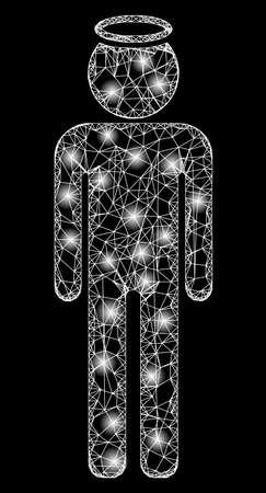 Shiny web mesh holy man figure with glowing spots. Illuminated vector 2d constellation created from holy man figure icon. Sparkle frame mesh polygonal holy man figure.のイラスト素材