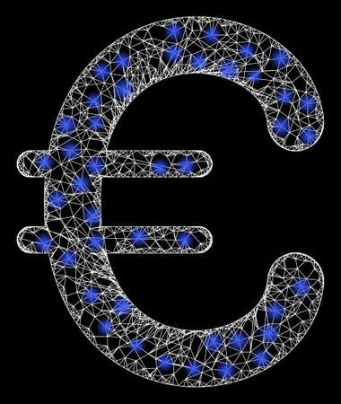 Bright web mesh euro symbol with glowing spots. Illuminated vector 2d constellation created from euro symbol icon. Sparkle frame mesh polygonal euro symbol.のイラスト素材