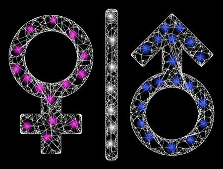 Glowing web mesh toilet gender symbol with glowing spots. Illuminated vector 2d constellation created from toilet gender symbol icon. Sparkle frame mesh polygonal toilet gender symbol.のイラスト素材