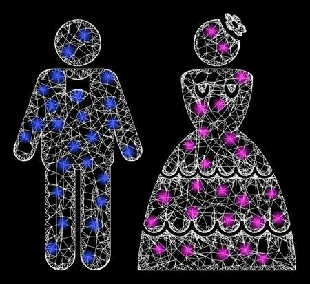 Shiny web net wedding pair with light spots. Illuminated vector 2d model created from wedding pair icon. Sparkle carcass mesh polygonal wedding pair. Linear carcass 2D mesh in eps10 vector format,のイラスト素材