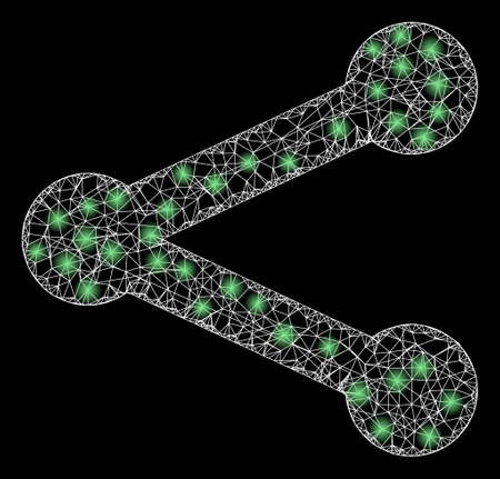 Glowing web mesh share with lightspots. Illuminated vector 2d constellation created from share icon. Sparkle carcass mesh polygonal share. Wire carcass flat mesh in vector format, white lines,のイラスト素材