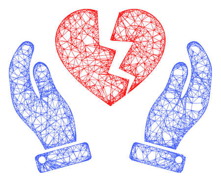 Web network broken heart protection hands vector icon. Flat 2d carcass created from broken heart protection hands pictogram. Abstract carcass mesh polygonal broken heart protection hands.のイラスト素材