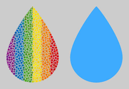 Water drop collage icon of round dots in various sizes and rainbow bright shades. A dotted LGBT-colored Water drop for lesbians, gays, bisexuals, and transgenders. Vector icon in LGBT flag colors.のイラスト素材