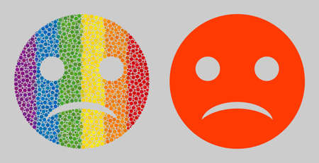 Sad smiley collage icon of spheric blots in various sizes and rainbow colored color tones. A dotted...