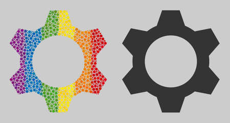 Cog composition icon of round dots in various sizes and spectrum bright color tones. A dotted LGBT-colored Cog for lesbians, gays, bisexuals, and transgenders. Vector symbol in LGBT flag colors.のイラスト素材