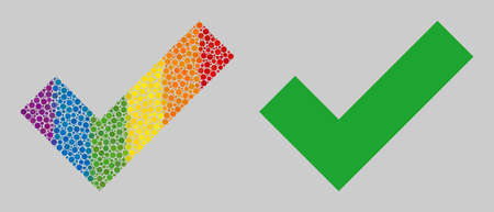 Apply tick mosaic icon of circle spots in variable sizes and rainbow colorful color tones. A dotted LGBT-colored Apply tick for lesbians, gays, bisexuals, and transgenders.のイラスト素材
