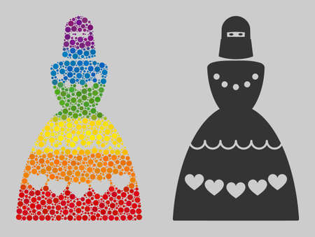 Muslim bride collage icon of circle spots in various sizes and rainbow multicolored color tinges. A dotted LGBT-colored Muslim bride for lesbians, gays, bisexuals, and transgenders.のイラスト素材