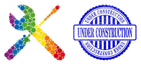 Screwdrivers and wrench mosaic icon of round items in various sizes and spectrum bright color tones. Blue round distress seal imprint with Under Construction phrase.のイラスト素材