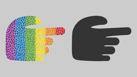 Right index finger collage icon of round dots in variable sizes and spectrum colored color hues. A dotted LGBT-colored Right index finger for lesbians, gays, bisexuals, and transgenders.のイラスト素材