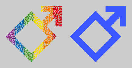 Male symbol composition icon of circle spots in variable sizes and spectrum color tinges. A dotted LGBT-colored Male symbol for lesbians, gays, bisexuals, and transgenders.のイラスト素材