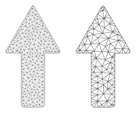 Network vector arrow up icon. Mesh carcass arrow up image in lowpoly style with organized triangles, nodes and linear items. Mesh model of triangulated arrow up, on a white background.のイラスト素材