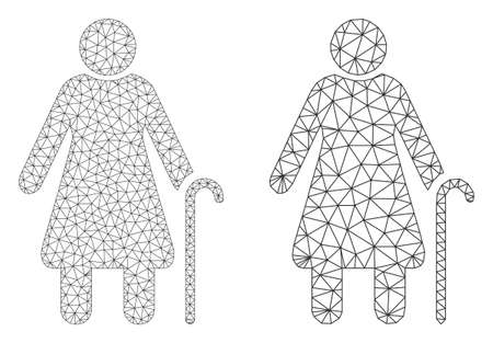 Mesh vector grandmother icon. Mesh carcass grandmother image in lowpoly style with combined triangles, nodes and linear items. Mesh composition of triangulated grandmother, on a white background.のイラスト素材