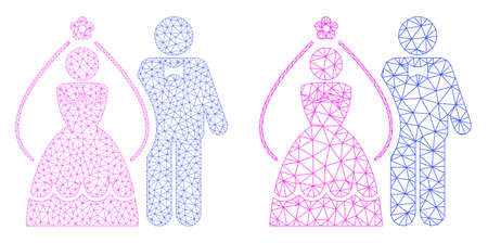 Mesh vector newlyweds icon. Mesh carcass newlyweds image in lowpoly style with organized triangles, dots and linear items. Mesh illustration of triangulated newlyweds, on a white background.のイラスト素材