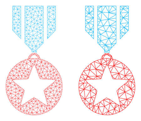 Mesh vector star medal icon. Mesh wireframe star medal image in lowpoly style with combined triangles, points and linear items. Mesh composition of triangulated star medal, on a white background.のイラスト素材
