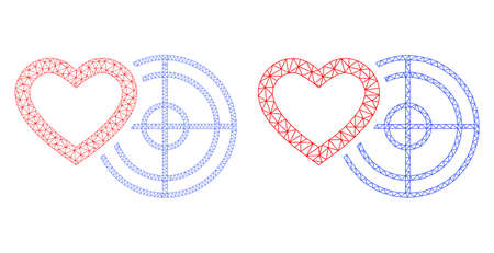 Triangular vector romantic heart target icon. Mesh wireframe romantic heart target image in low poly style with combined triangles, points and lines.のイラスト素材