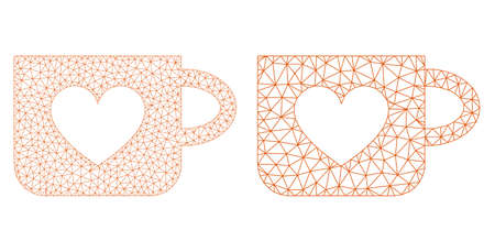 Mesh vector lovely cup icon. Mesh carcass lovely cup image in lowpoly style with connected triangles, points and linear items. Mesh concept of triangulated lovely cup, on a white background.のイラスト素材