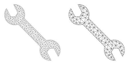 Net vector spanner icon. Mesh wireframe spanner image in low poly style with structured triangles, nodes and linear items. Mesh model of triangulated spanner, on a white background.のイラスト素材